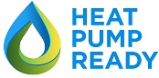A logo with a blue and green gradient droplet and the text "HEAT PUMP READY."
